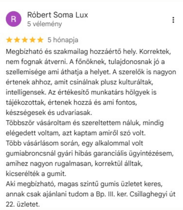 Google-értékelés, 5/5 csillag, Róbert Soma Lux